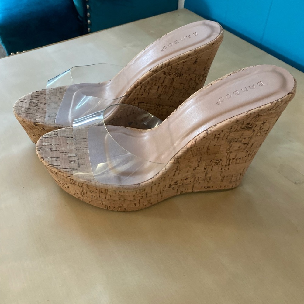 BAMBOO Transparent Strap Tan Wedges